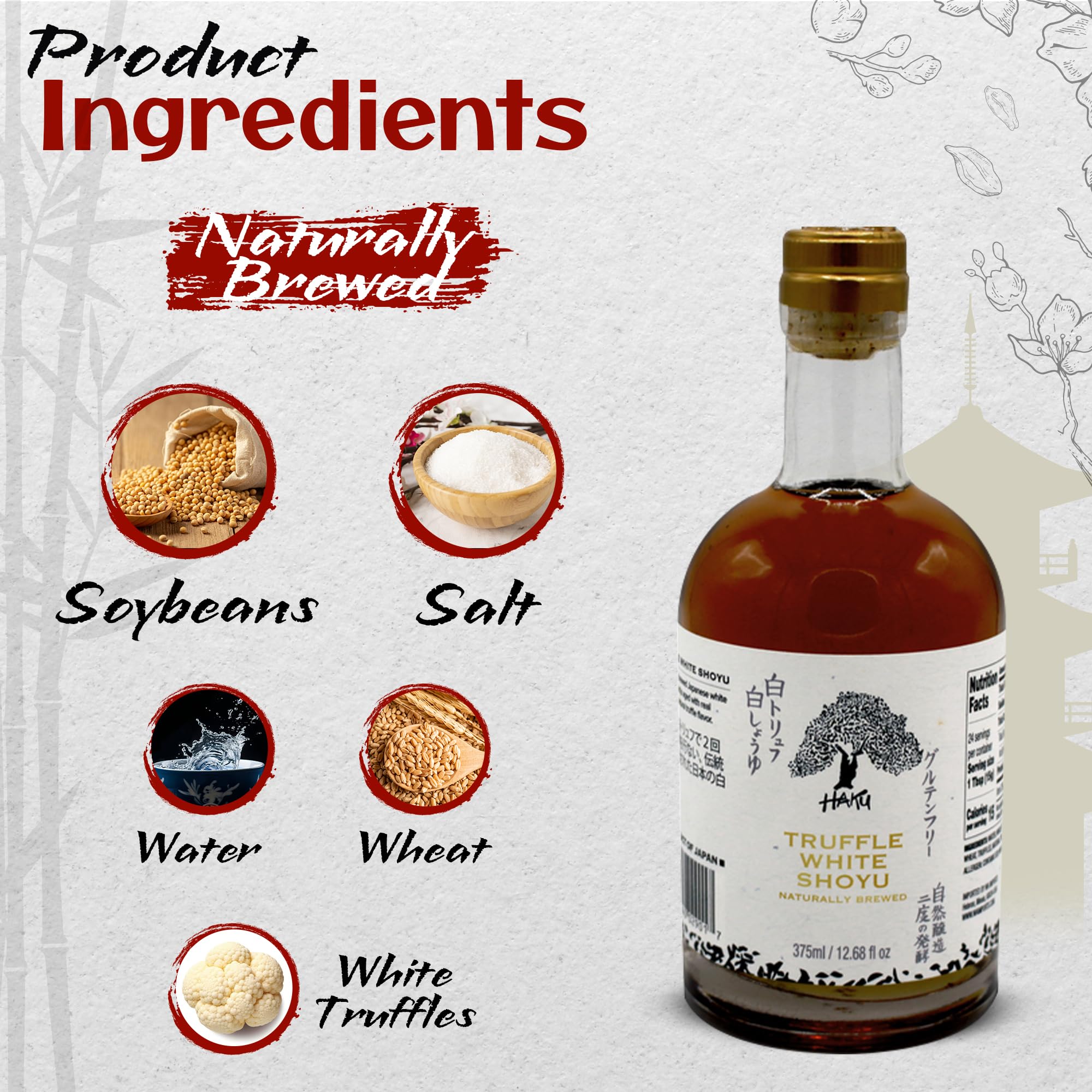 HAKU Truffle White Shoyu Naturally Brewed Aged 2 Years, 12.68 Oz (375 ml) - Traditional Gourmet Dipping Sauce & Marinade for Sushi, Meat, Rice, Stir