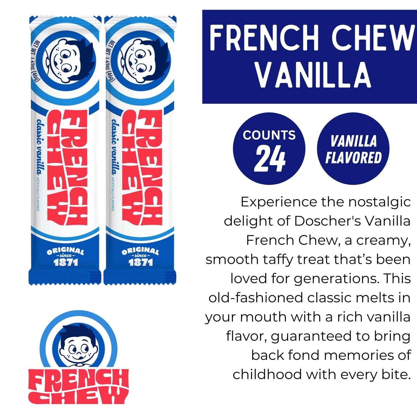 French Chew Taffy, Artificially Vanilla-Favored Chewy Taffy, Original Recipe, Pack of 24