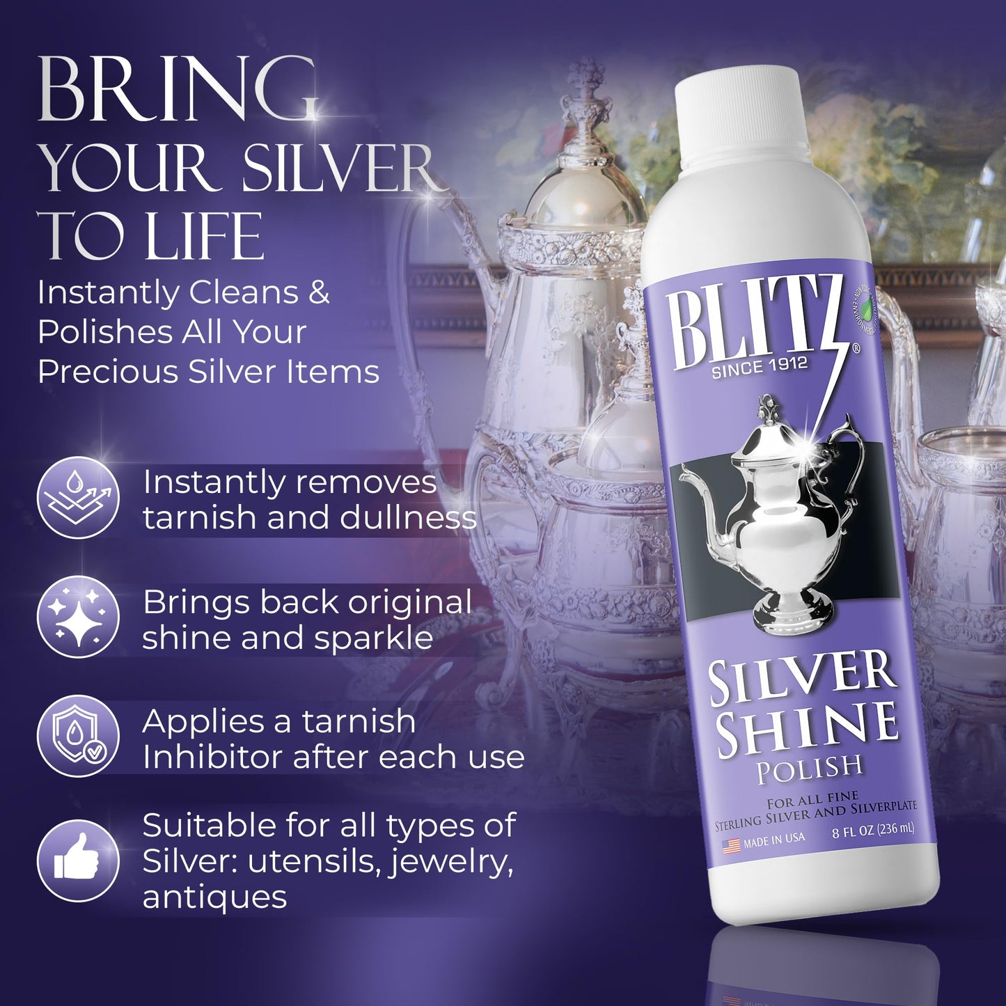 Blitz Silver Shine Polish Liquid Silver Polish for Sterling and Silverplate Jewelry, Dishes, Flatware, Fixtures, & Decor Non-Toxic, Non-Abrasive