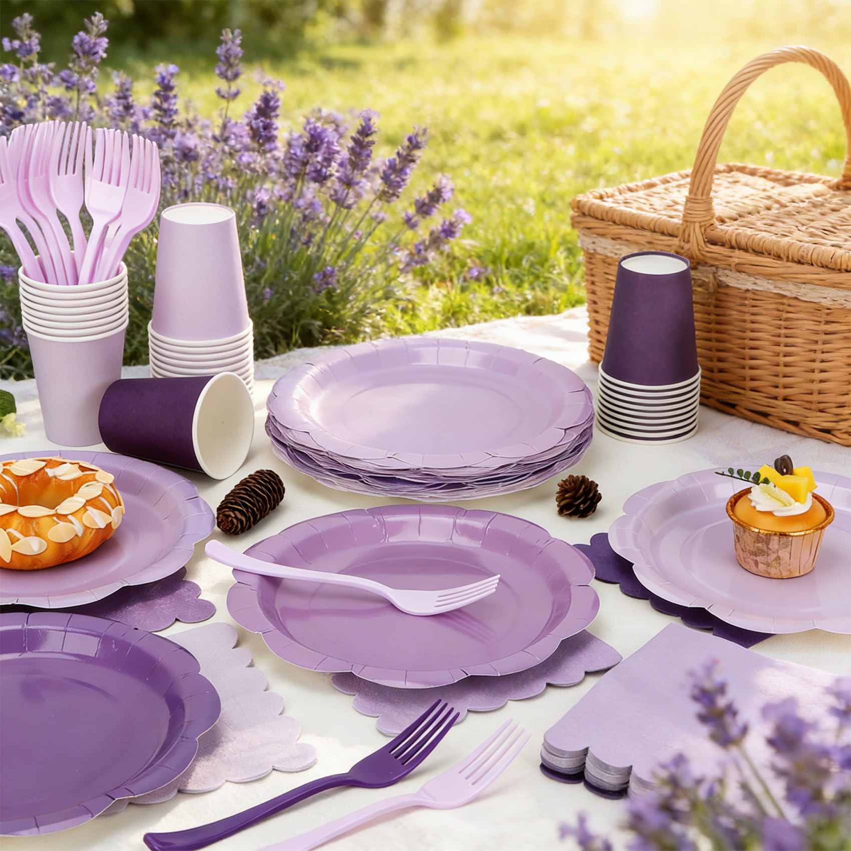 CENLBJ Purple Plates and Napkins Party Supplies, 9’’ Pastel Purple Disposable Paper Plates and Cups and Napkins Set for Baby Shower, Birthday, Wedding