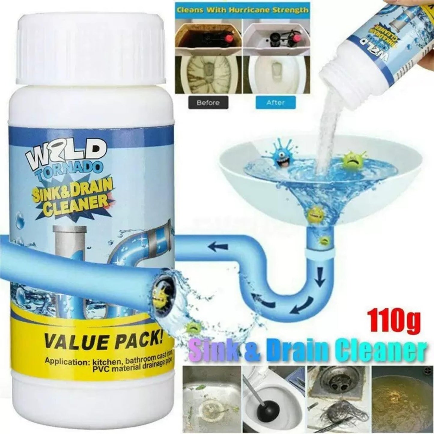 2Pcs Upgraded Wild Tornado Sink and Drain Cleaner, Pipe Dredge for Kitchen, Bathroom & Toilet, Super Cleaning Drain Foam Cleaner, Fast Foaming