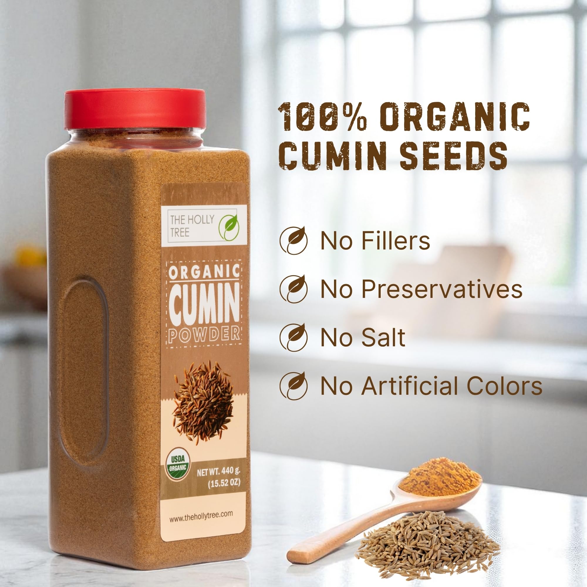 Organic Cumin Powder 15.52 oz - Ground Cumin for Cooking & Seasoning - USDA Organic, Gluten Free, Non-GMO, Kosher - The Holly Tree