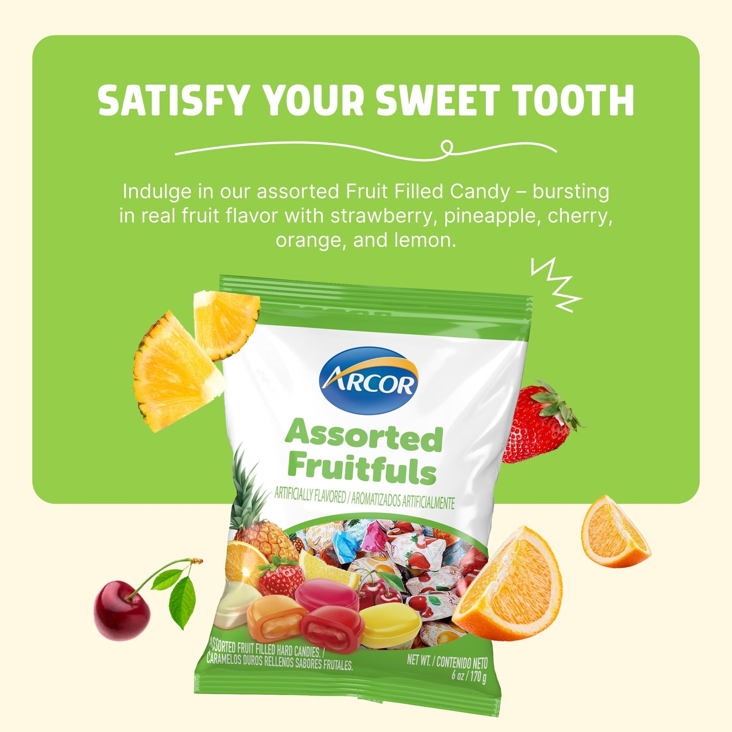 Arcor Assorted Fruit Candy - Individually Wrapped, Delicious Fruit Filled Hard Candy with Strawberry, Cherry, Pineapple, Orange & Lemon Flavors - 6oz
