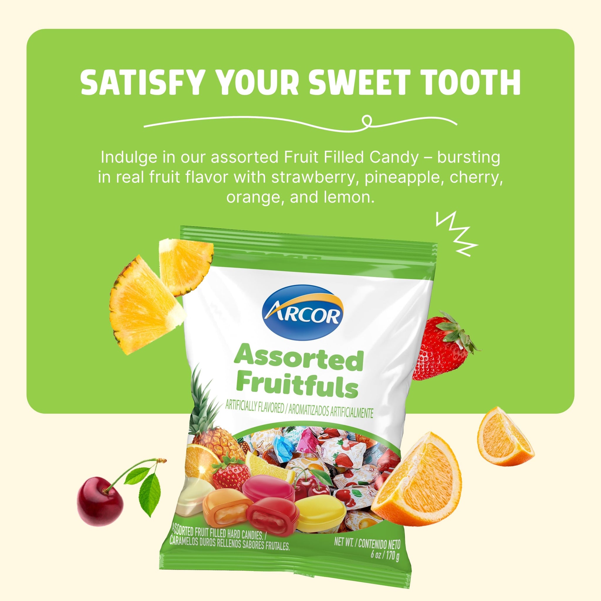 Arcor Assorted Fruit Candy - Individually Wrapped, Delicious Fruit Filled Hard Candy with Strawberry, Cherry, Pineapple, Orange & Lemon Flavors - 6oz
