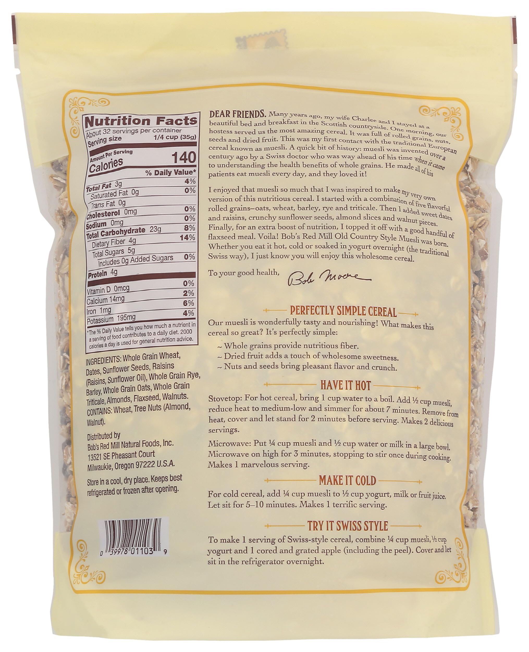 Bob's Red Mill Old Country Style Muesli, 40oz (Pack of 1) - Non GMO, Whole Grain, Vegan, Kosher