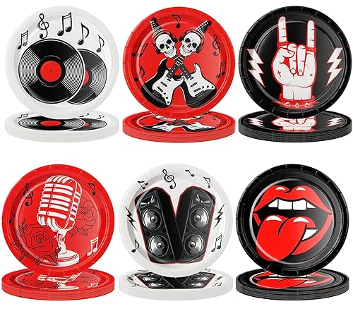 CLIYTICA 72Pcs Rock Party Paper Plates,1950's Record Dessert Plates,Disposable Music Birthday Tableware Set for Anniversary 50s 60s Theme Parties