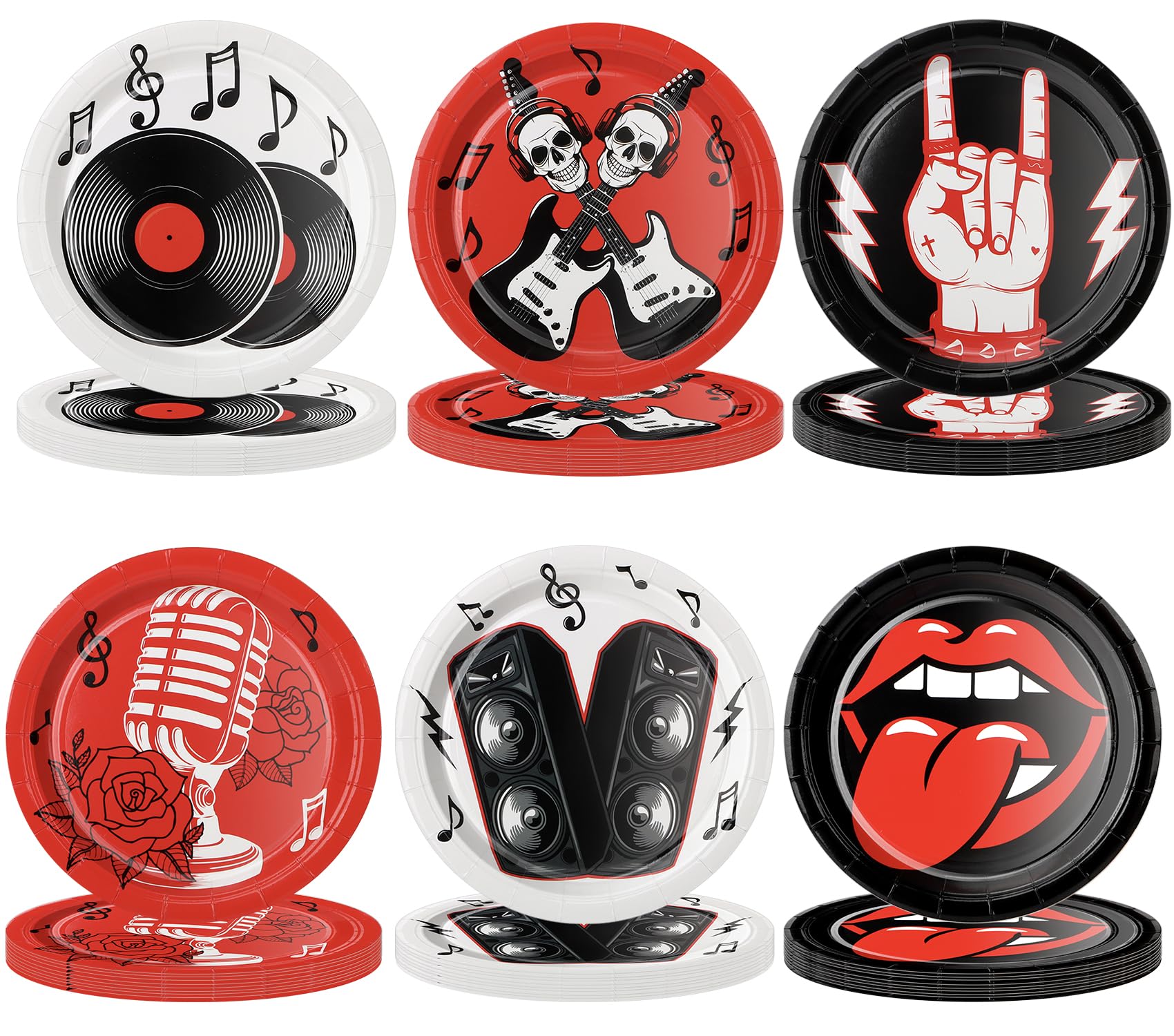 CLIYTICA 72Pcs Rock Party Paper Plates,1950's Record Dessert Plates,Disposable Music Birthday Tableware Set for Anniversary 50s 60s Theme Parties