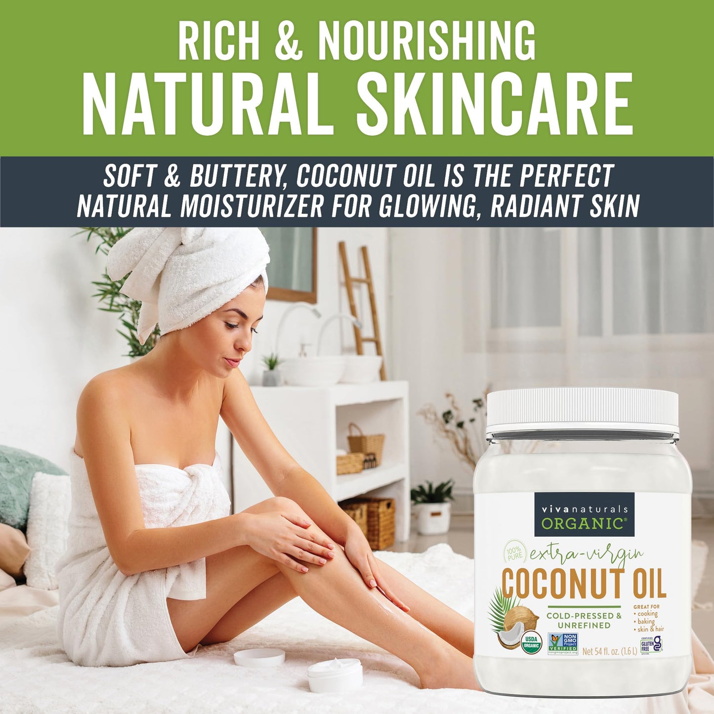 Viva Naturals Organic Coconut Oil, 54 fl oz - Unrefined, Cold-Pressed Extra Virgin Coconut Oil, USDA Organic & Non-GMO, Natural Cooking Oil, Hair Oil & Skin Oil