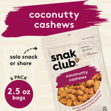 Snak Club Coconutty Cashews, Kettle Cooked Fancy Cashews with Toasted Coconut, Gluten-Free and Kosher Snack, 2.5 oz Snack Bags, 6 Pack