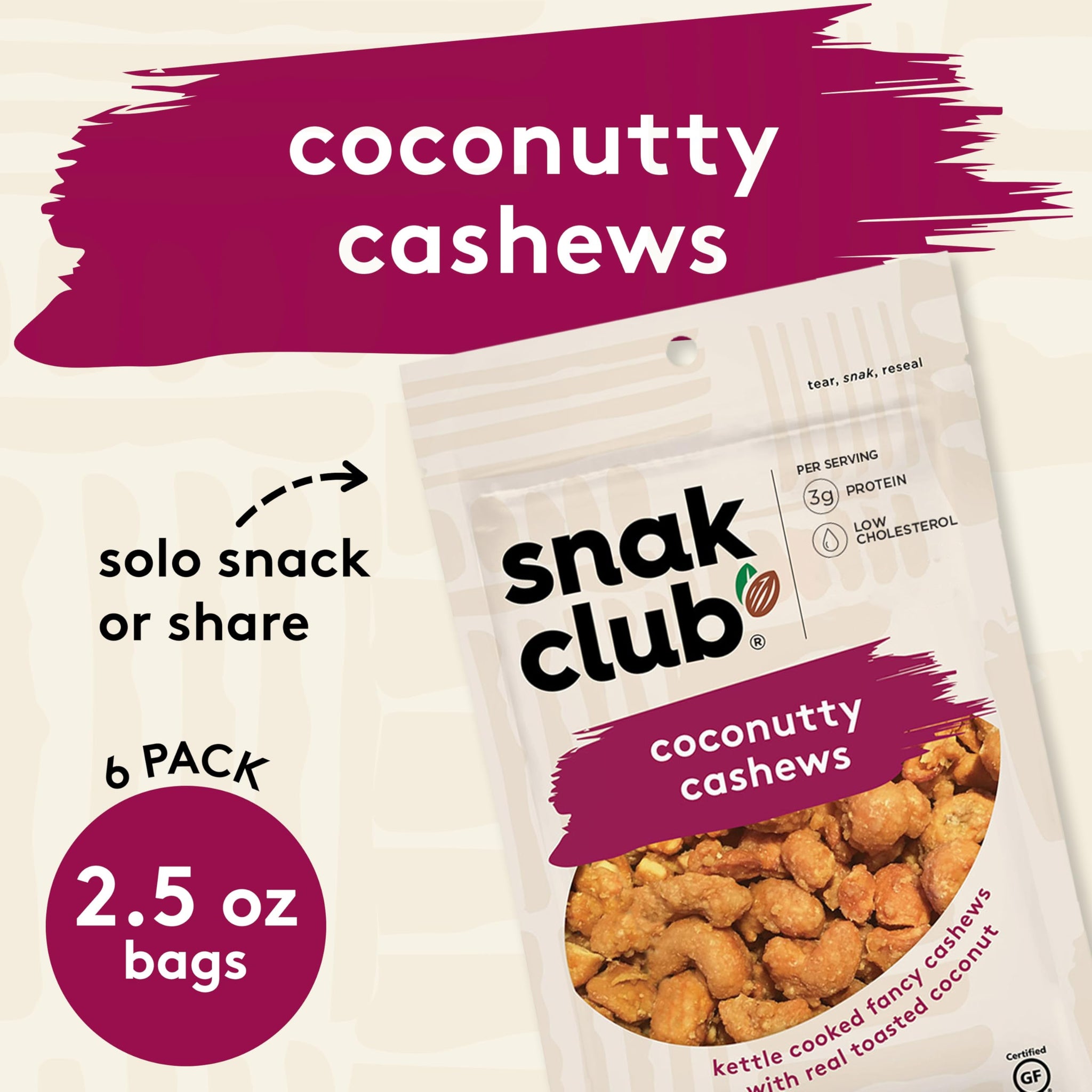 Snak Club Coconutty Cashews, Kettle Cooked Fancy Cashews with Toasted Coconut, Gluten-Free and Kosher Snack, 2.5 oz Snack Bags, 6 Pack