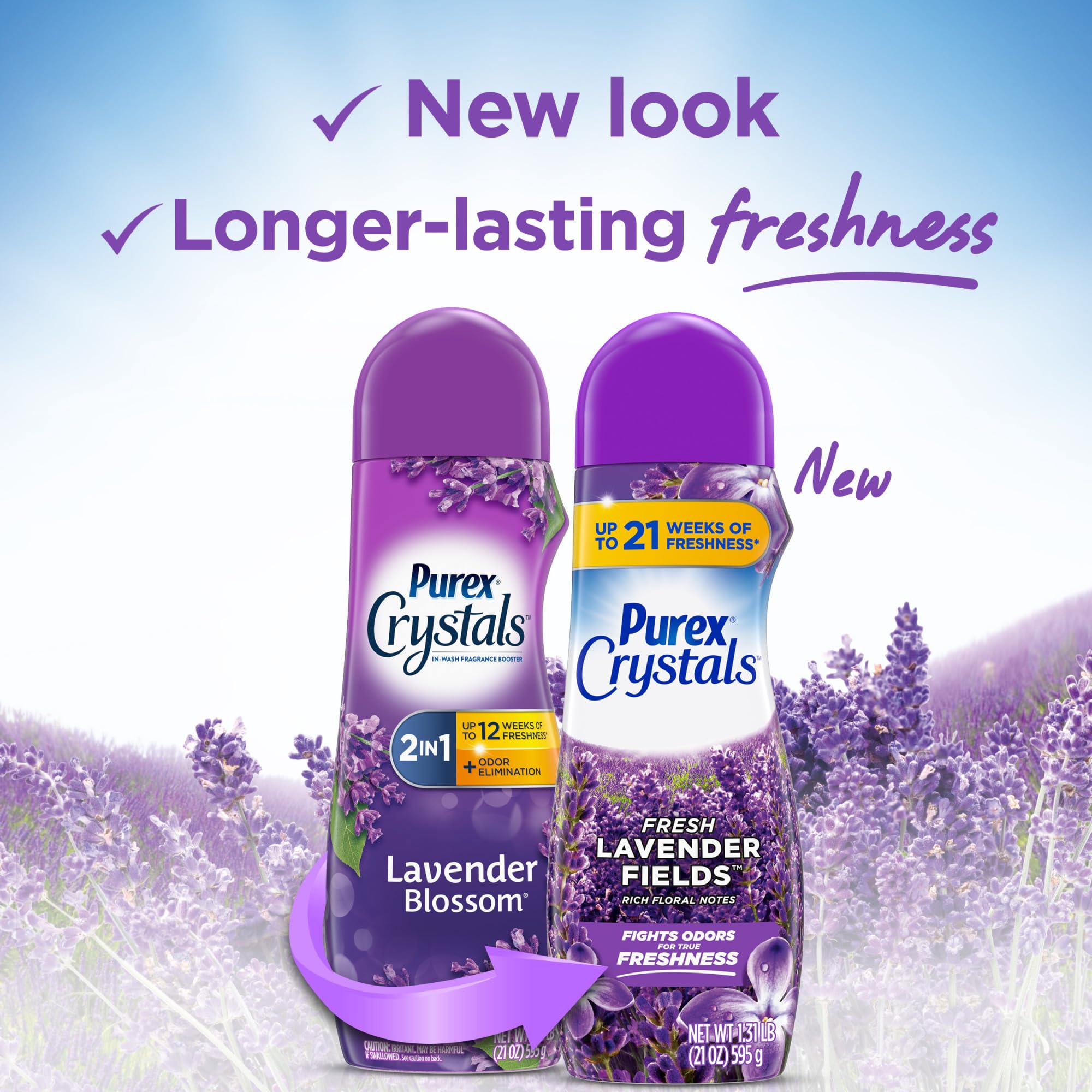 Purex Crystals In-Wash Scent Booster, Fresh Lavender Fields, 21 oz (Pack of 4), Long-Lasting Freshness & Odor Elimination Technology