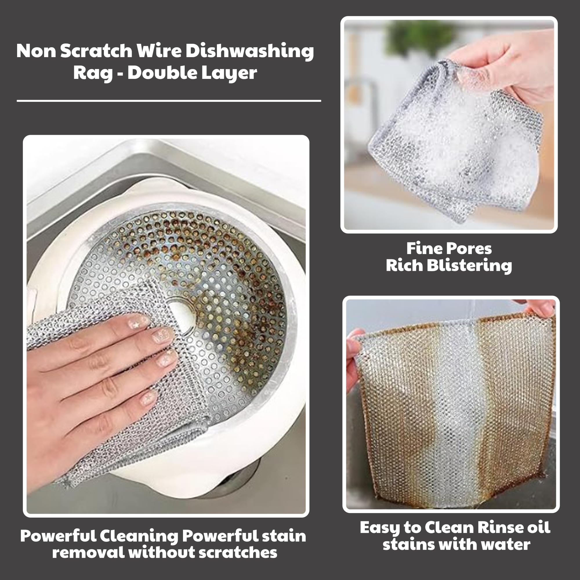 CrafTreat Non Scratch Wire Dishwashing Rag, 10 Pack Double Layer Reusable Wire Dishcloth, Silver Mesh Metal Cleaning Cloth for Pots, Pans, Sink, Steel