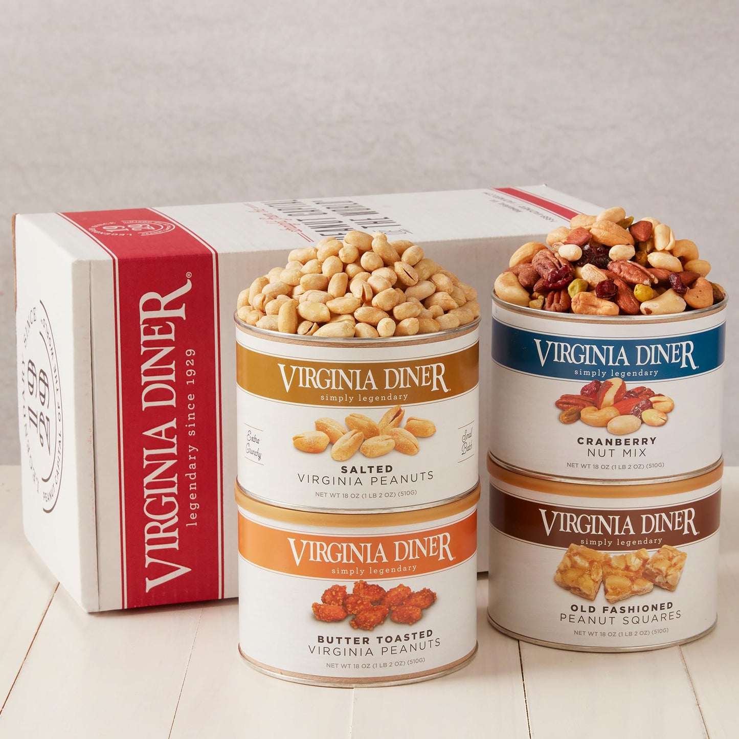 Virginia Diner Classic Sampler Gift Box in Resealable Tins 4.5 lbs, Salted, Butter Toasted, Peanut Squares, and Cranberry Nut Mix