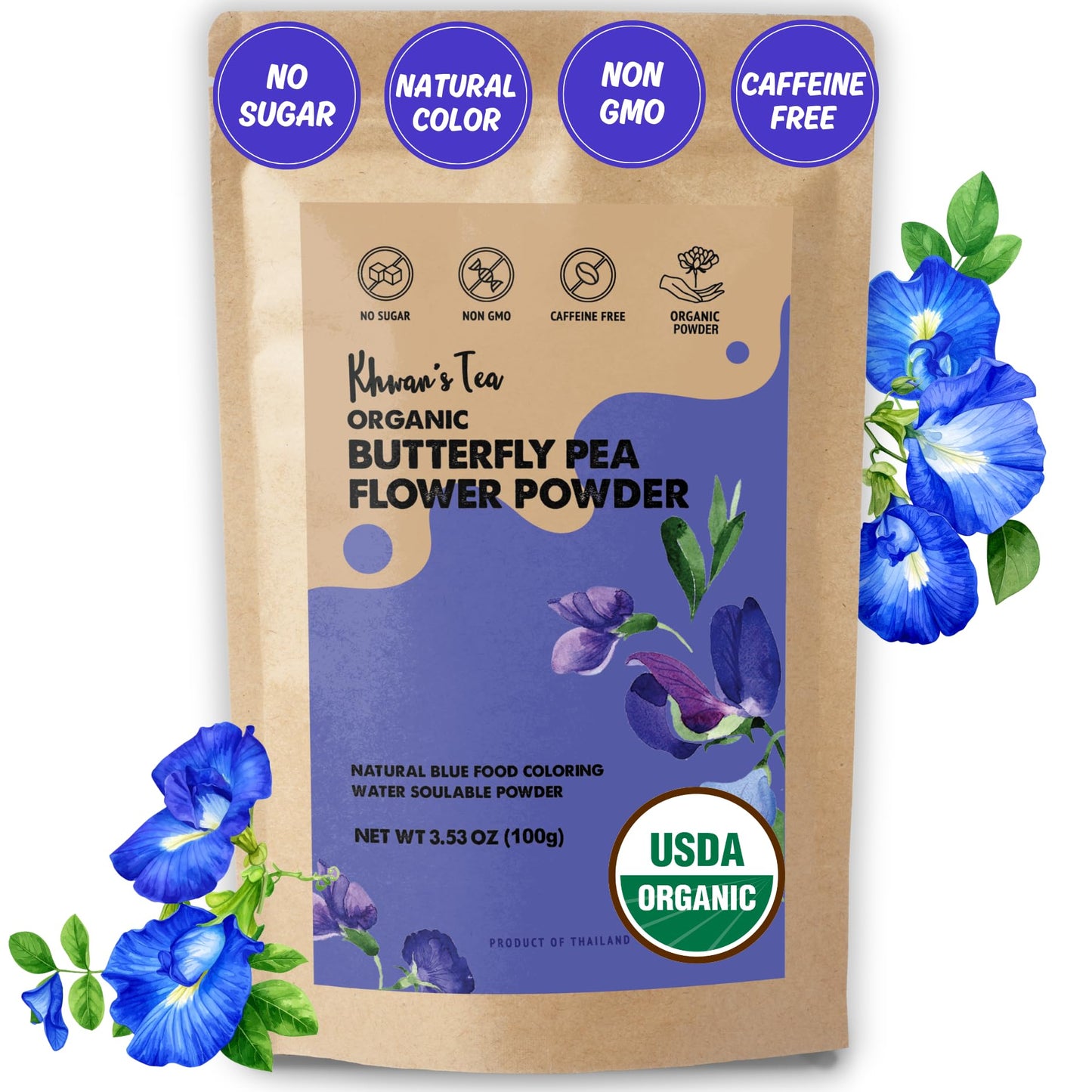 KHWAN'S TEA Butterfly Pea Flower Extract Powder, 3.5 oz(100g) USDA Organic, Vegan Blue Food Coloring, - Single-Origin Thai, Concentrated No Fiber