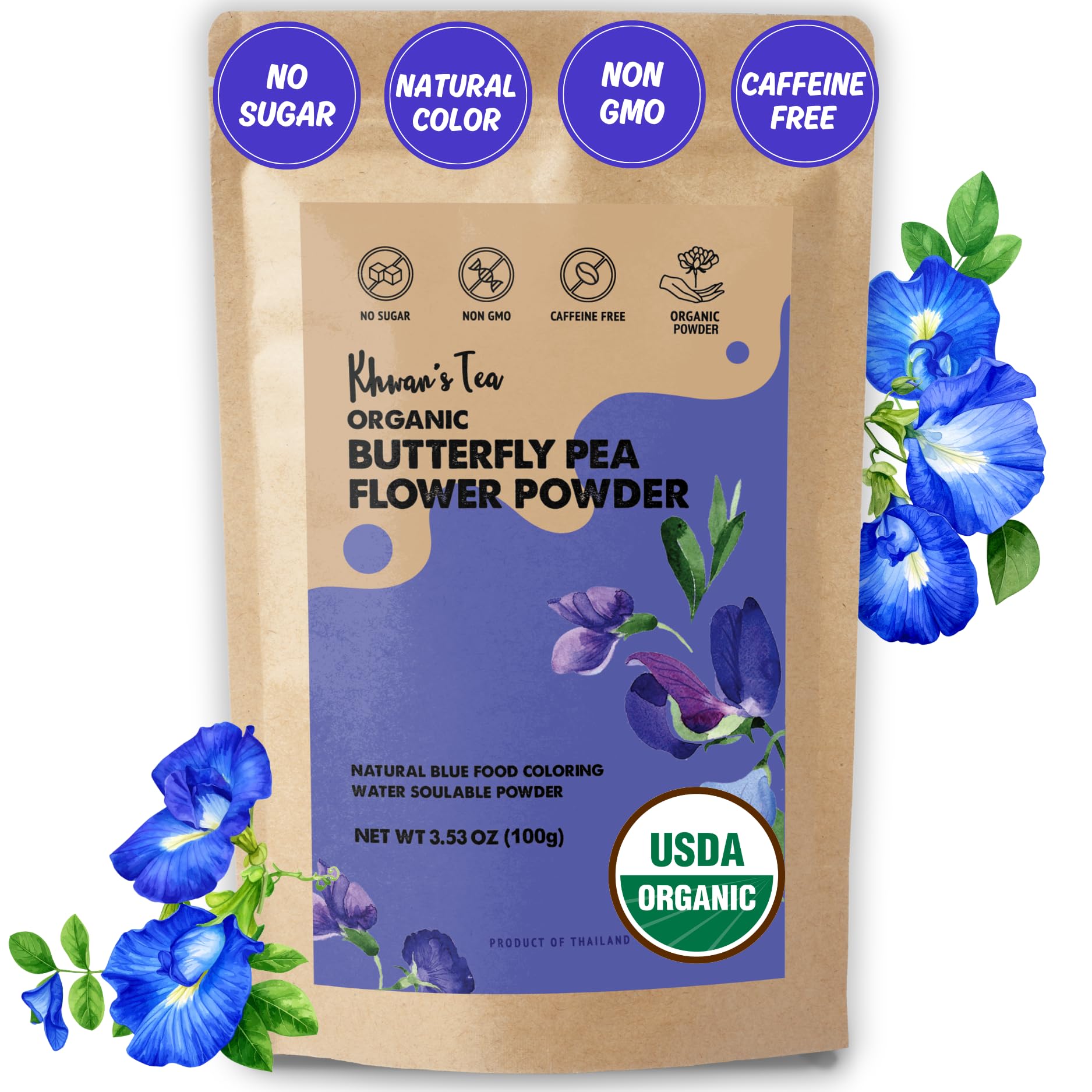 KHWAN'S TEA Butterfly Pea Flower Extract Powder, 3.5 oz(100g) USDA Organic, Vegan Blue Food Coloring, - Single-Origin Thai, Concentrated No Fiber