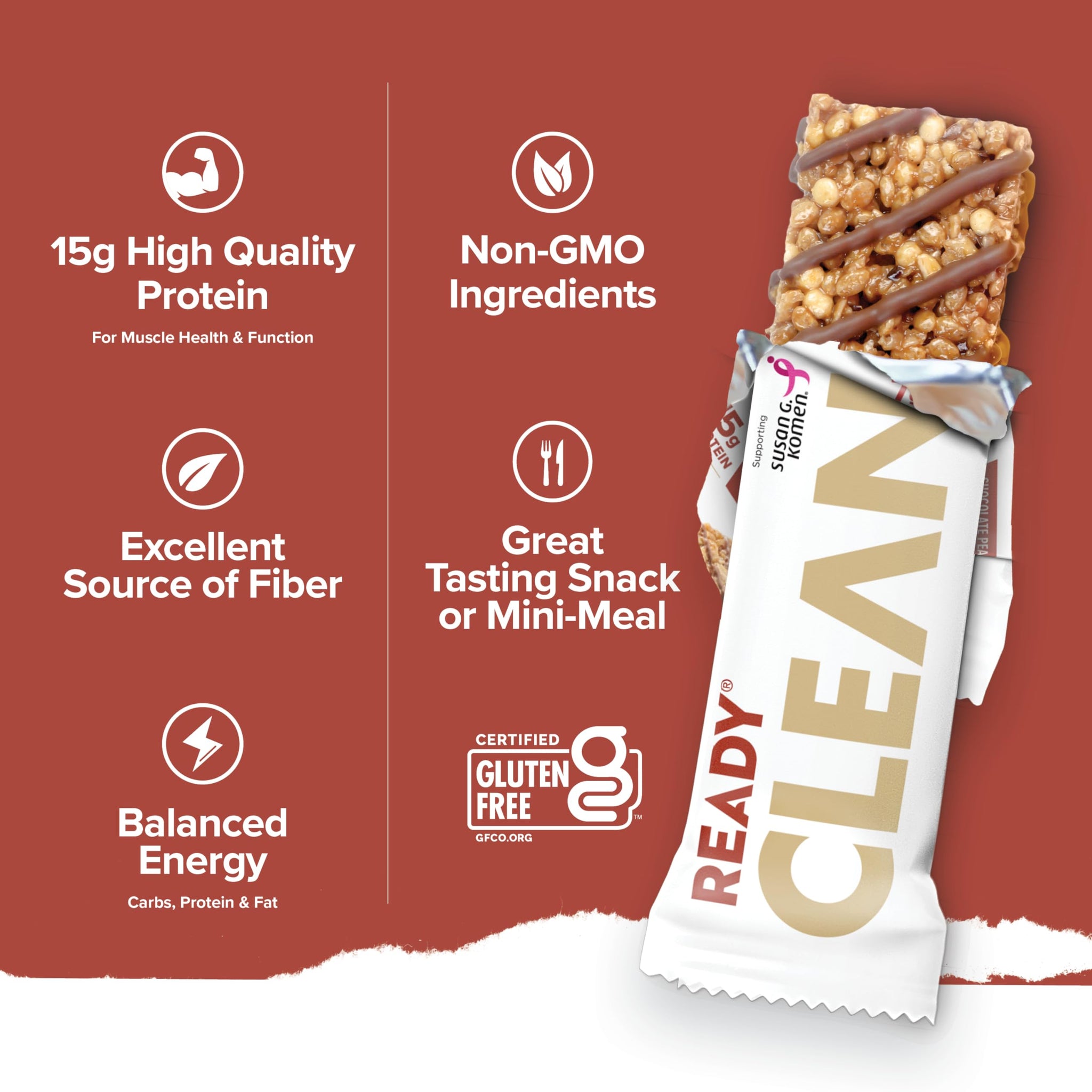 Ready® Protein Bars - High-Protein Snack with 15g Whey Protein, All-Natural Ingredients, Supports Lean Muscle and Recovery - Chocolate Peanut Butter
