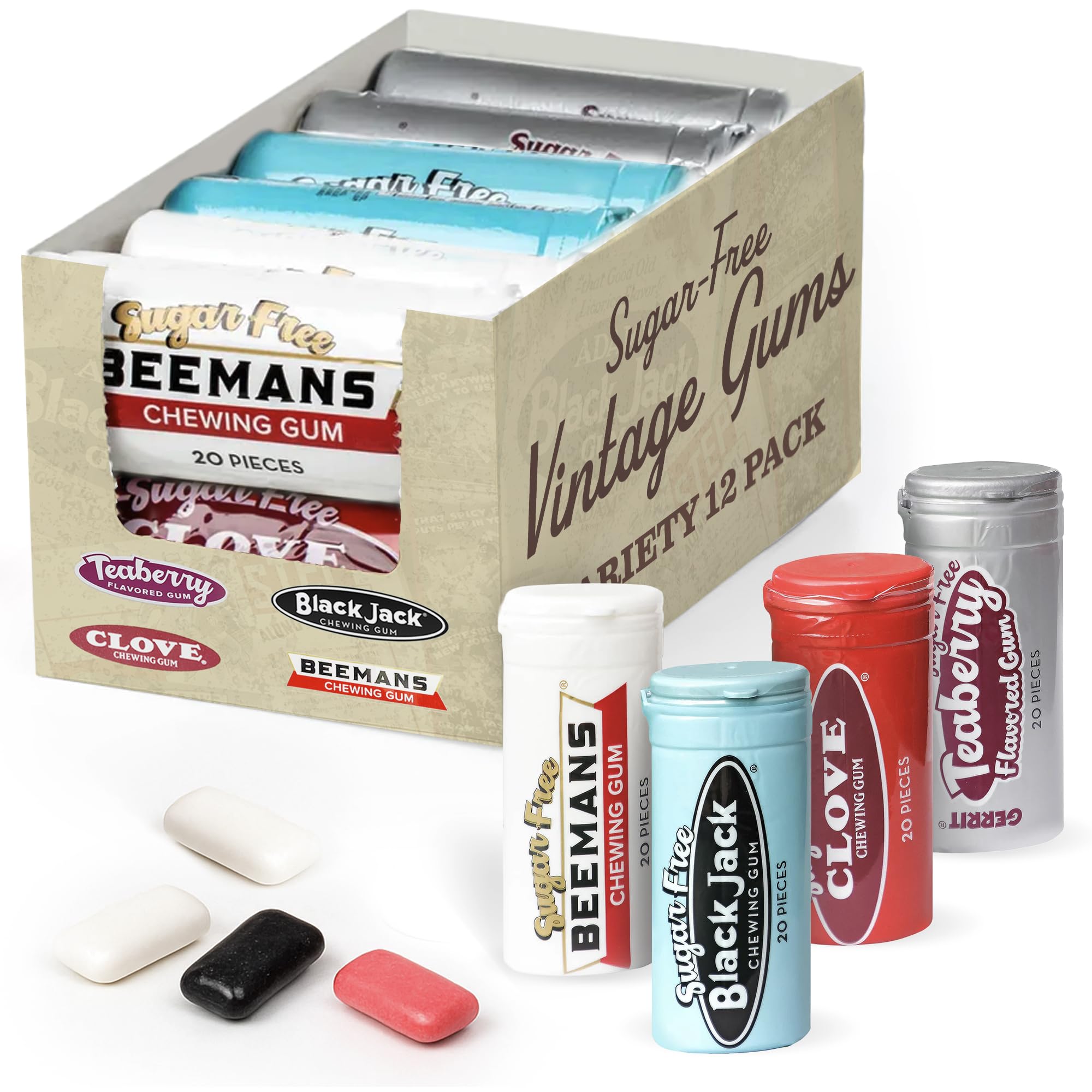 Gerrit's Sugar Free Gum Variety Pack of 12 Tubes - Beeman's, Black Jack, Clove, and Teaberry - Vintage Sugar Free Chewing Gum Bulk Pack - 240 Pieces