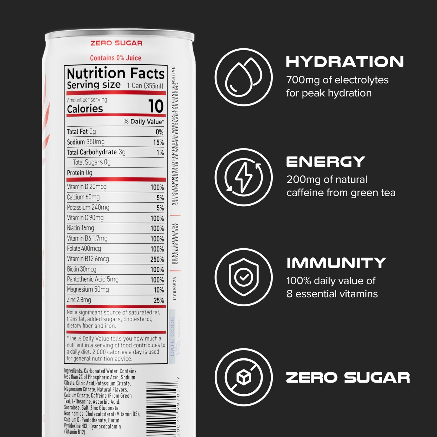 PHX Hydration Energy Drink - 700mg Electrolytes, 200mg Natural Green Tea Caffeine, 100% Daily Value 8 Essential Vitamins - 12 oz Cans (12 Pack) (12