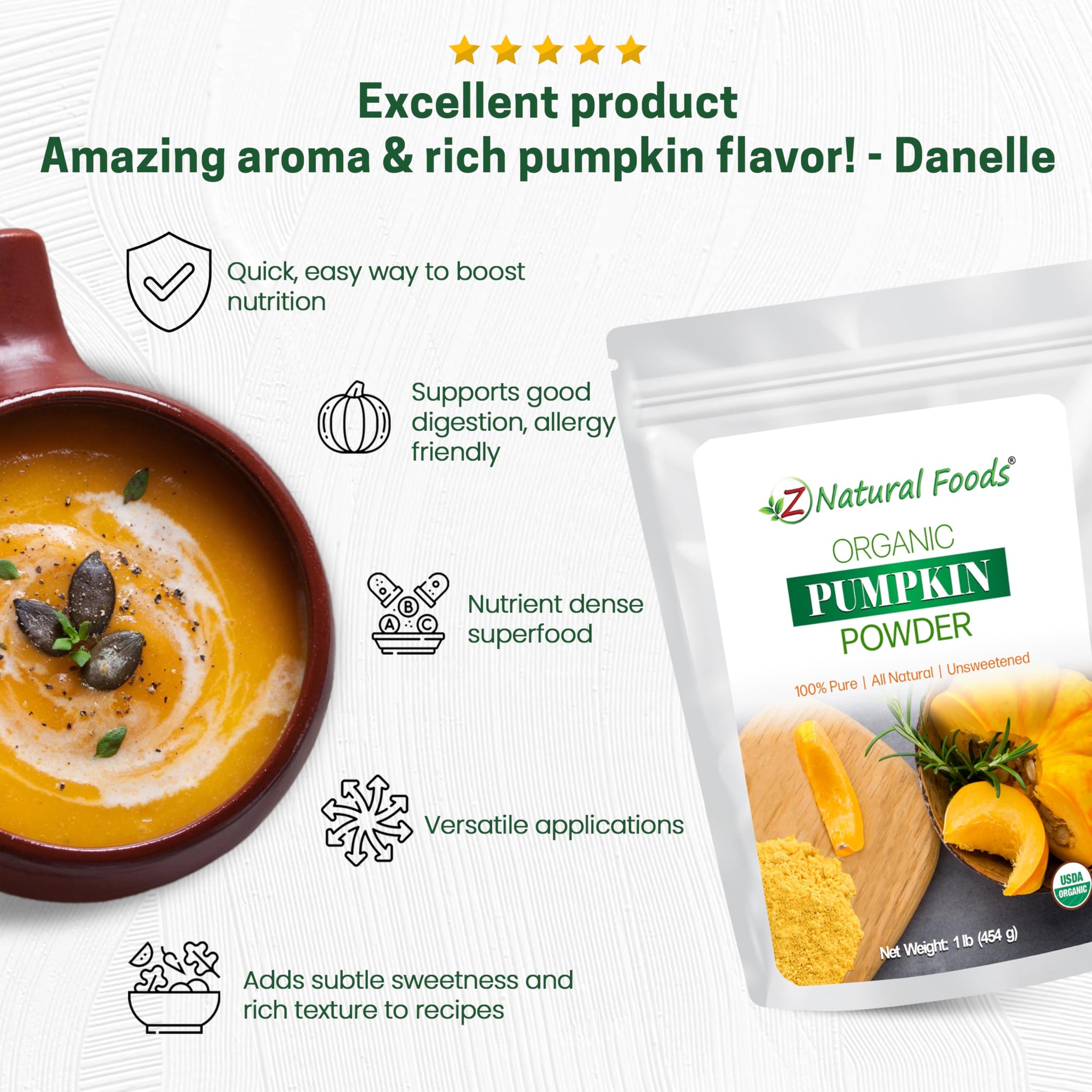 Z Natural Foods Organic Pumpkin Powder - Pure Powdered Pumpkin for Delicious Pumpkin Spice Latte, Baking, Smoothies, Juice, Puree - Dried Sweet Vegan