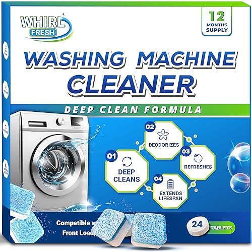 Whirl Fresh Washing Machine Cleaner Tablets, 24 Pack-Deep Cleaning Tablets for Top & Front Load HE Washer Cleaners, Descaler & Deodorizer, Septic