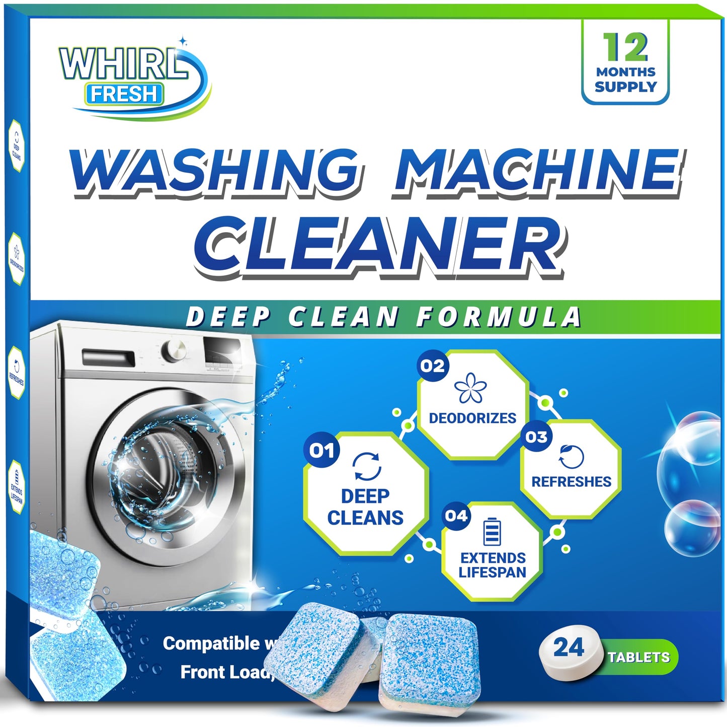 Whirl Fresh Washing Machine Cleaner Tablets, 24 Pack-Deep Cleaning Tablets for Top & Front Load HE Washer Cleaners, Descaler & Deodorizer, Septic
