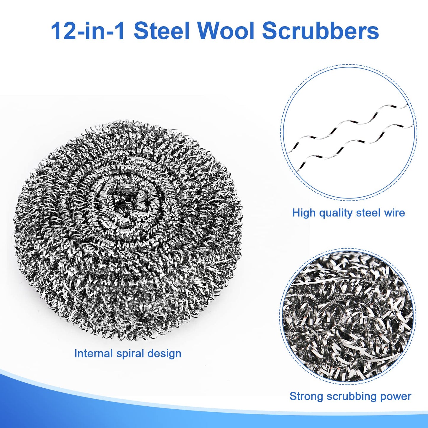 ovwo 12Pack Upgraded Steel Wool Scrubbers - Premium Stainless Steel Scrubber, Metal Scouring Pads, Steel Wool Pads, Kitchen Cleaner, Heavy Duty
