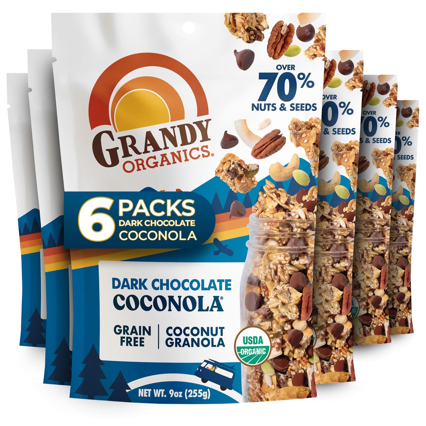Grandy Organics Dark Chocolate Coconola - Certified Organic Grain Free Granola - 7g Protein - Gluten Free, Non GMO, Vegan & Paleo Friendly