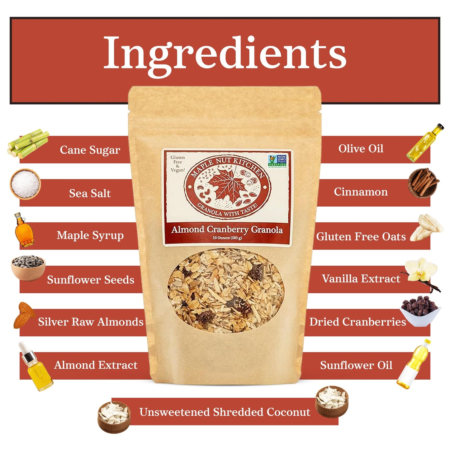 Maple Nut Kitchen Almond Cranberry Granola 3 Pack - Crunchy, Delicious, Artisan Granola with Gluten Free Oats, Almonds, Cranberries & Maple Syrup |