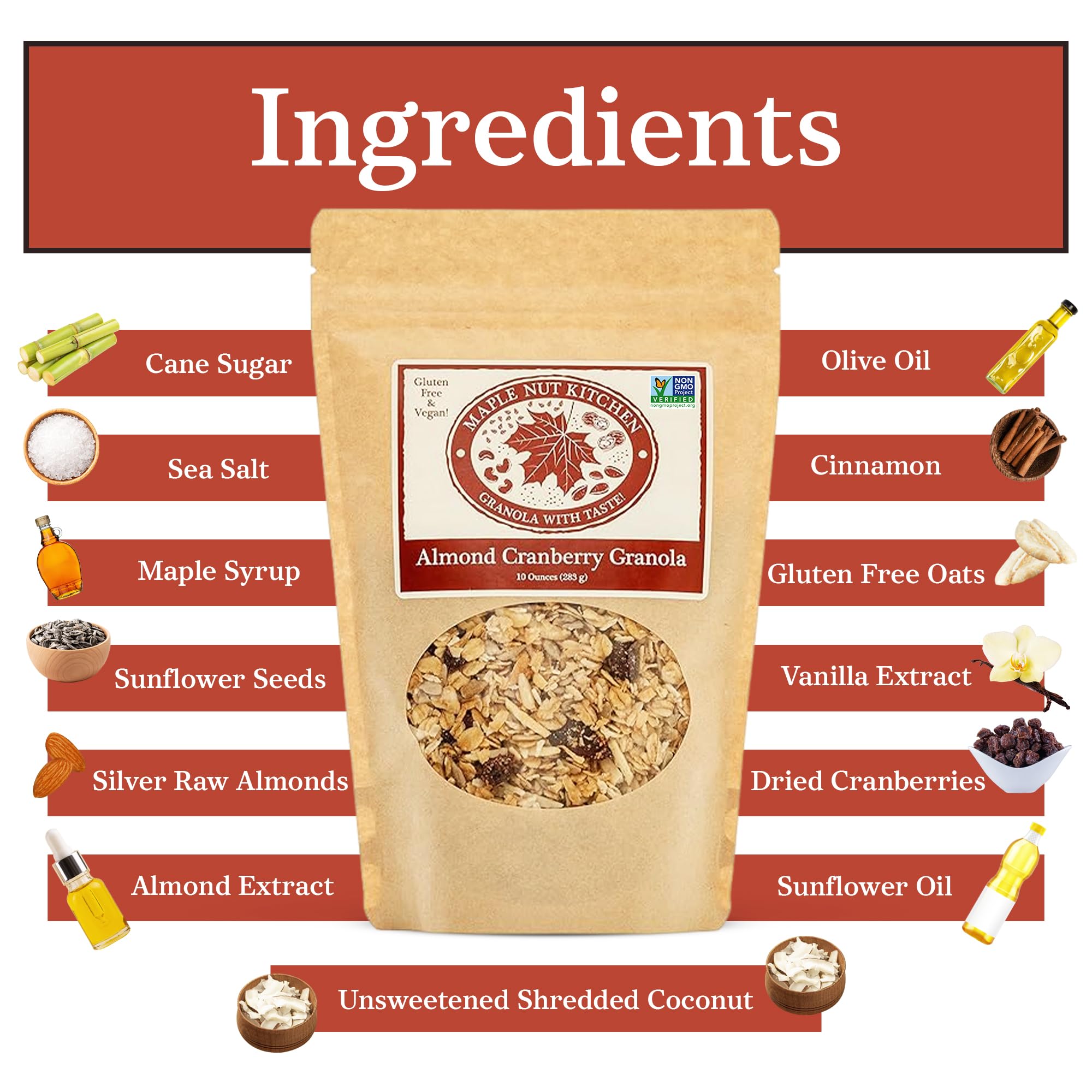 Maple Nut Kitchen Almond Cranberry Granola 3 Pack - Crunchy, Delicious, Artisan Granola with Gluten Free Oats, Almonds, Cranberries & Maple Syrup |