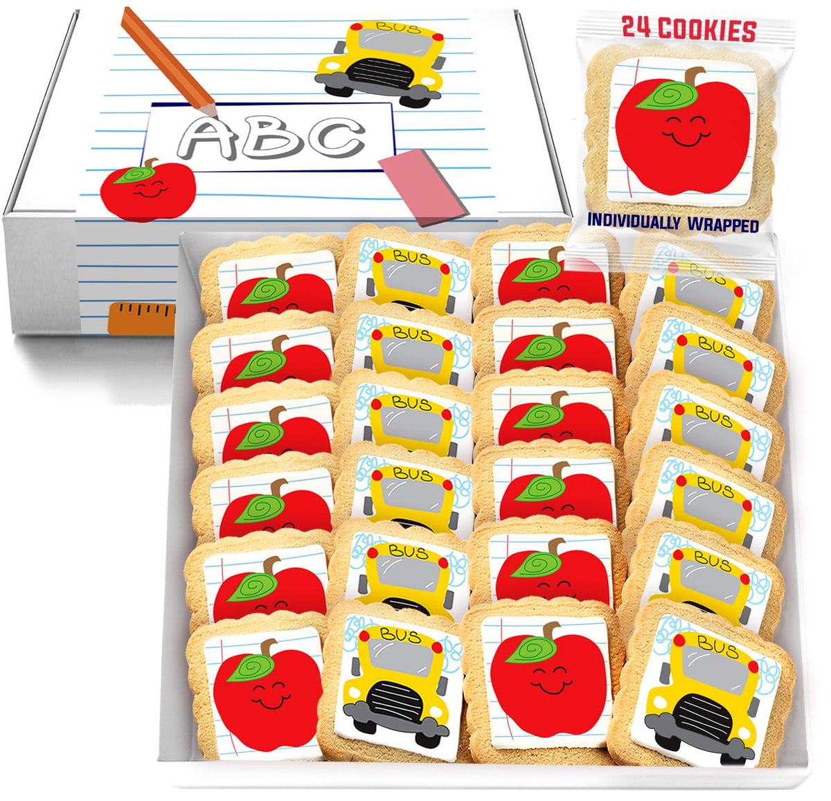 School Cookies Teacher Appreciation Bulk Individually Wrapped Party Favors | Thank You 24 Pack | Back To School Gift Basket | Apple and School Bus |