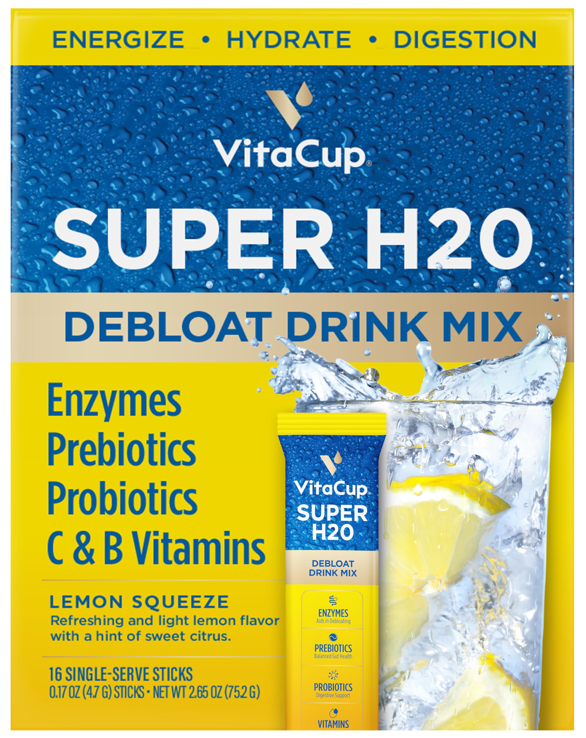 VitaCup Super H2O Bloating Relief and Digestive Health Drink Mix Packets, Probiotics, Prebiotics, C & B Vitamins, Lemon Flavor Water Enhancer Packets