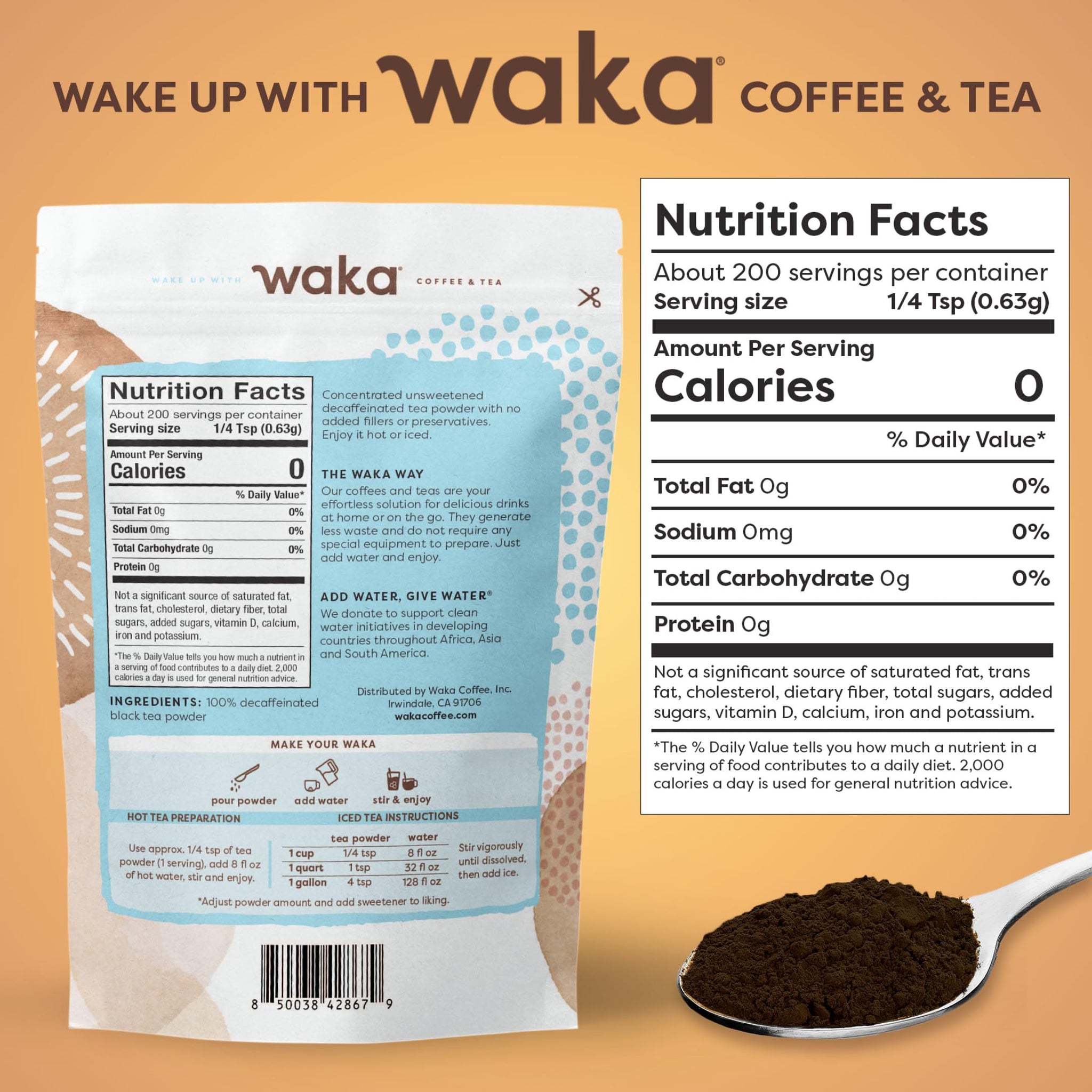 Waka Instant Black Tea Mix Pouch, Decaffeinated - 100% Tea Leaves, No Additives, Unsweetened Tea Powder for 50 Quarts or 200 Cups - Easy Quick Hot