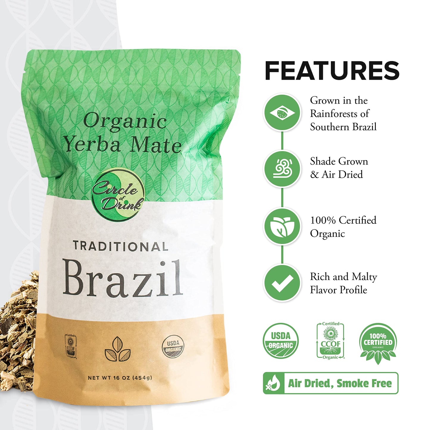 Brazil Traditional Yerba Mate Tea - 100% Certified Organic - Rainforest Shade Grown - Air Dried - Smoke Free - Robust Flavor - Natural Energy - Pure