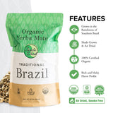 Brazil Traditional Yerba Mate Tea - 100% Certified Organic - Rainforest Shade Grown - Air Dried - Smoke Free - Robust Flavor - Natural Energy - Pure