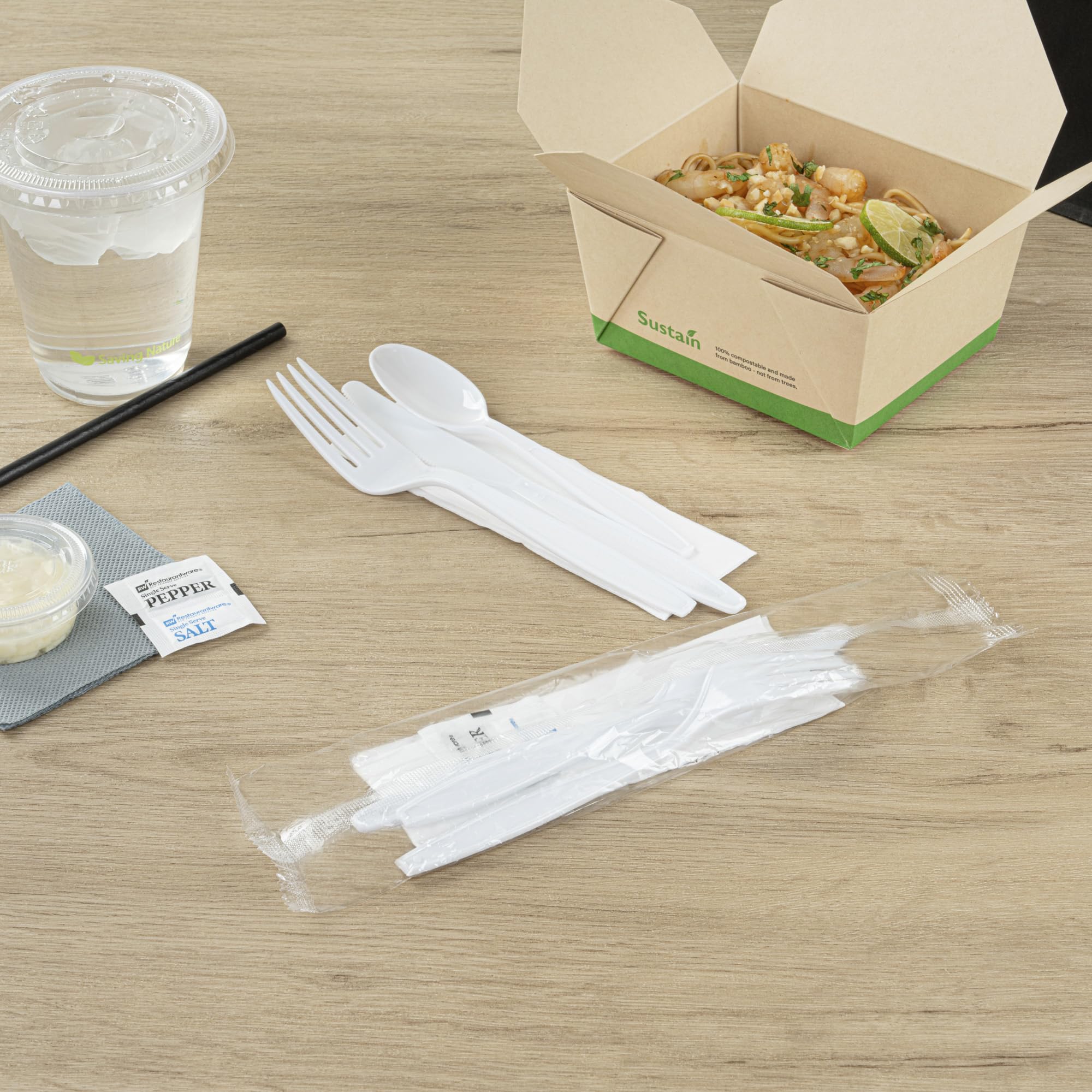 Restaurantware Utensil Kit 500 Pack of Plastic Cutlery Set Individually Wrapped Knife Fork Spoon Set with Napkin And Condiments For Take Out Catering