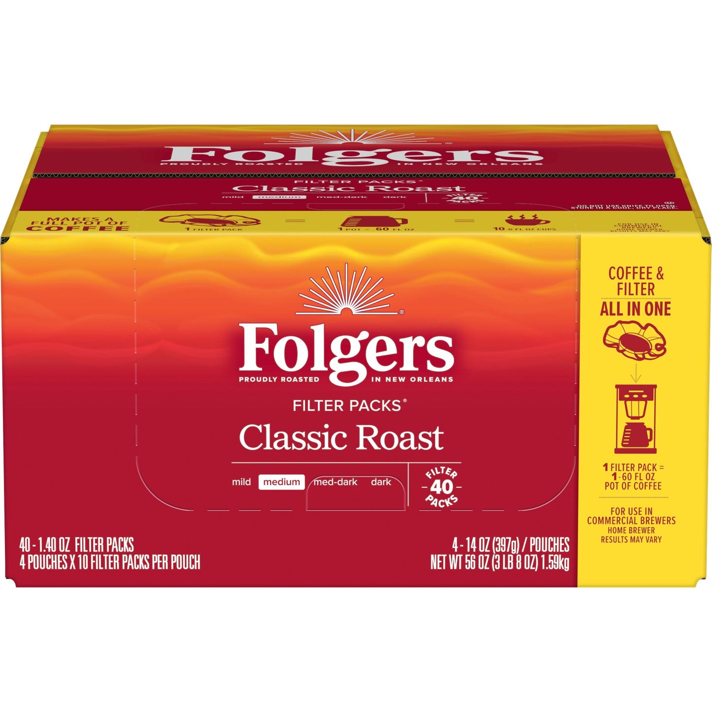 Folgers Classic Roast Medium Roast Ground Coffee, 40-1.4 Ounce Filter Packs