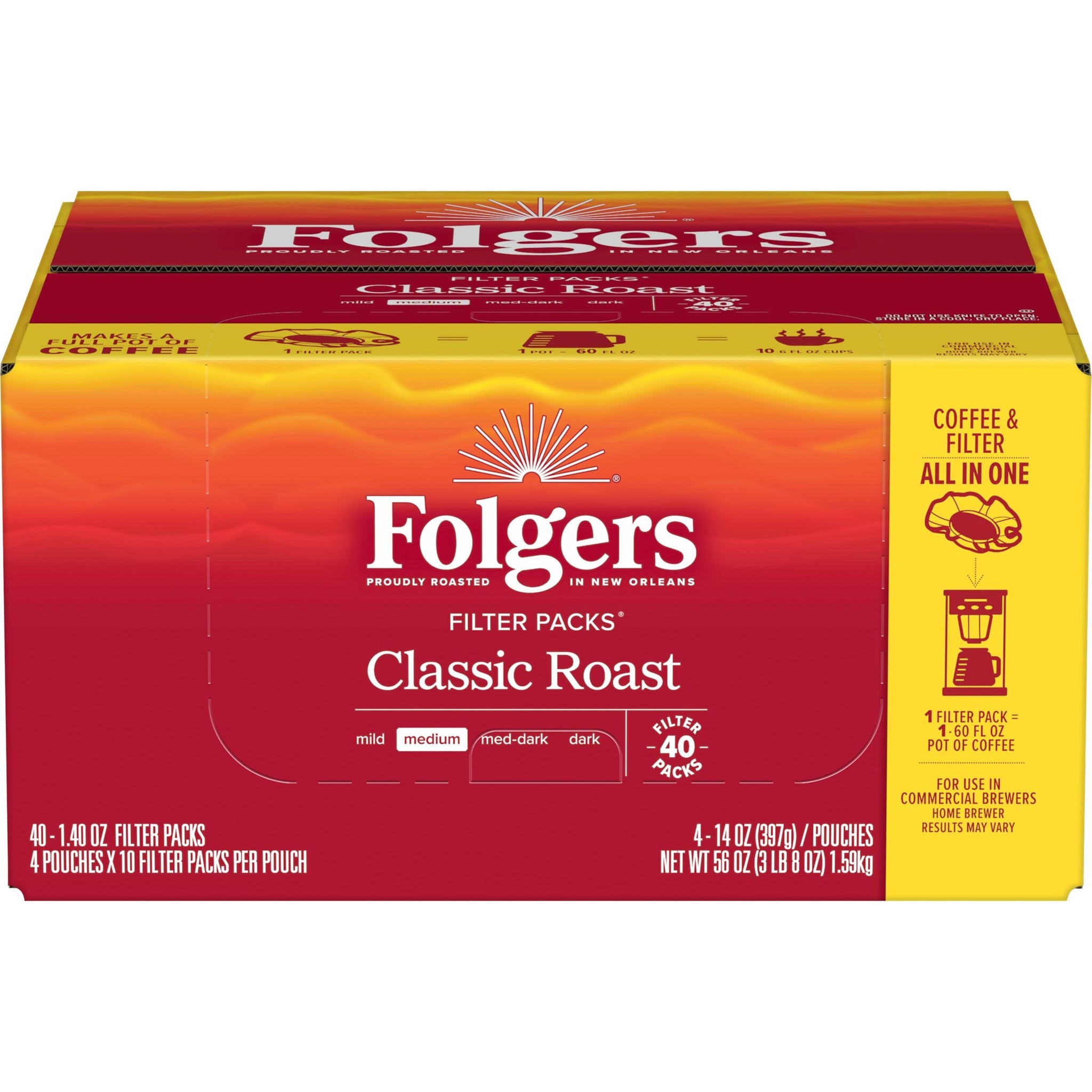 Folgers Classic Roast Medium Roast Ground Coffee, 40-1.4 Ounce Filter Packs