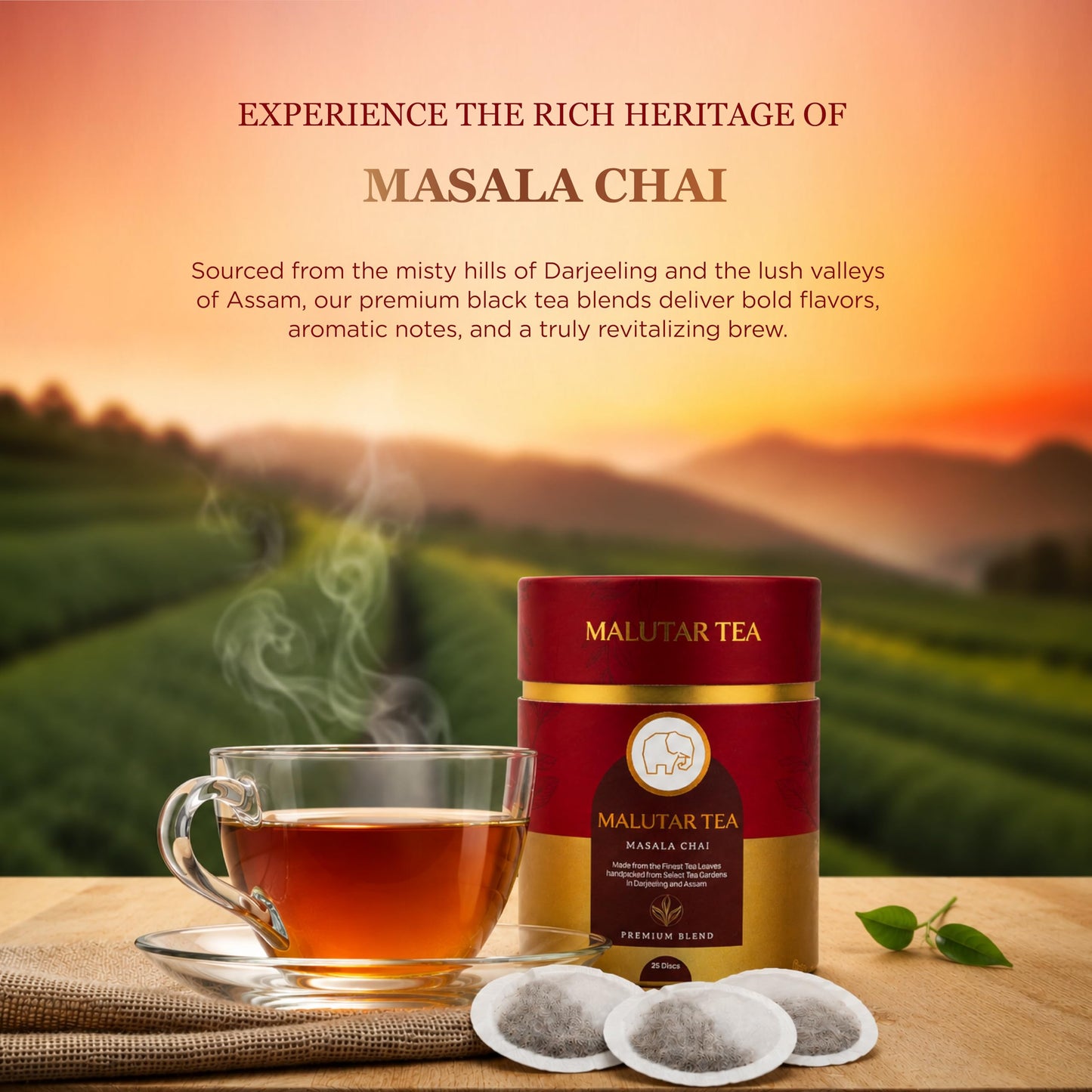 MALUTAR Premium Masala Chai (25 Discs) - Bold Mix of Black Tea and Spices - Ethically Sourced, Biodegradable, Non-Chlorinated, No Additives