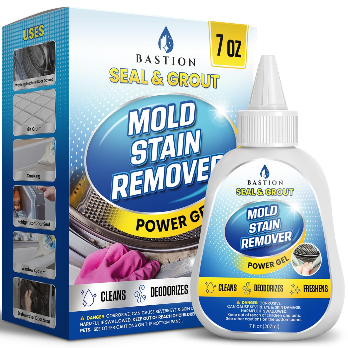 Bastion Mold Stain Remover Power Gel Cleaner Heavy Duty Cleaning Solution for Front Loader Washing Machine Seal, Bathroom Grout, Shower, Caulk (7 fl