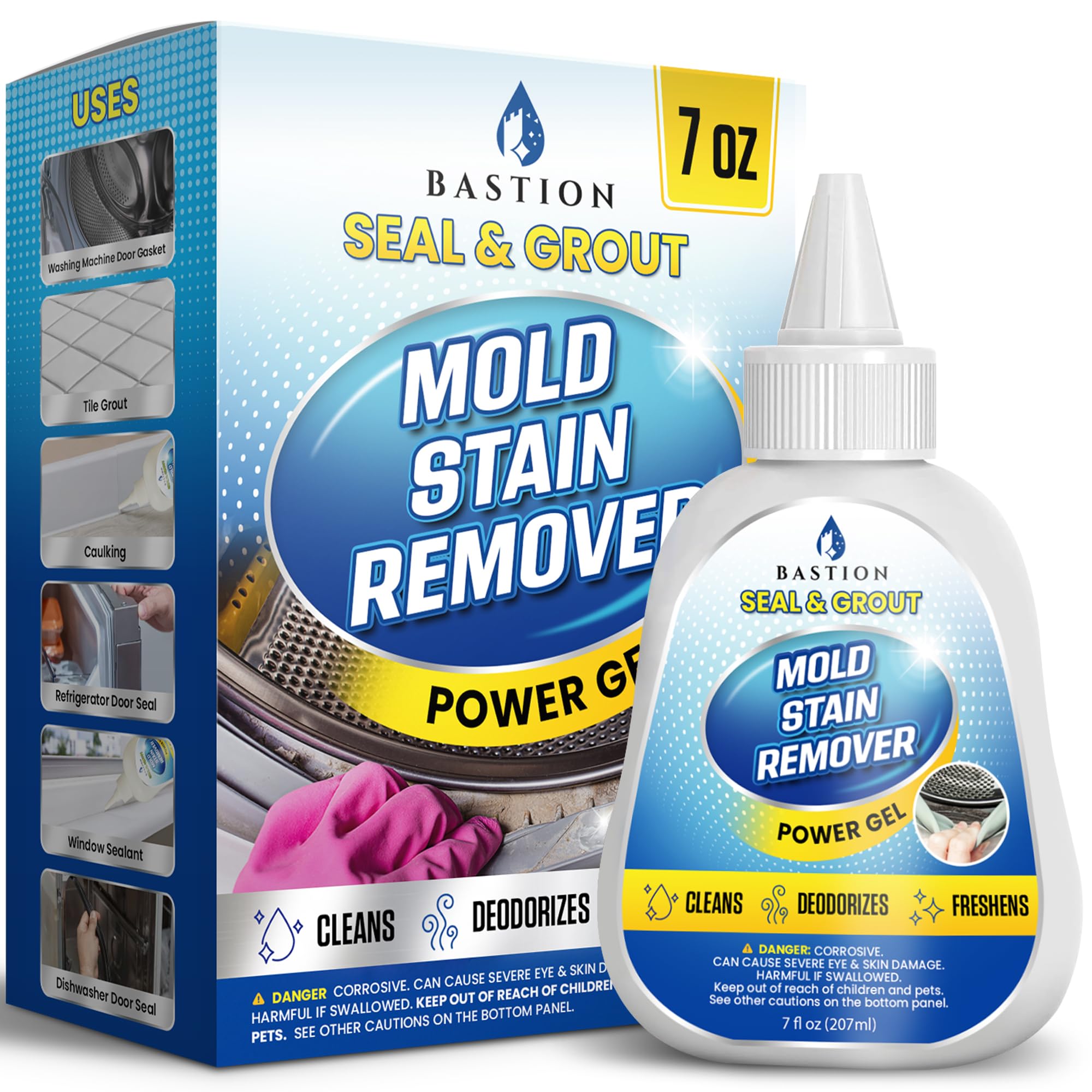 Bastion Mold Stain Remover Power Gel Cleaner Heavy Duty Cleaning Solution for Front Loader Washing Machine Seal, Bathroom Grout, Shower, Caulk (7 fl