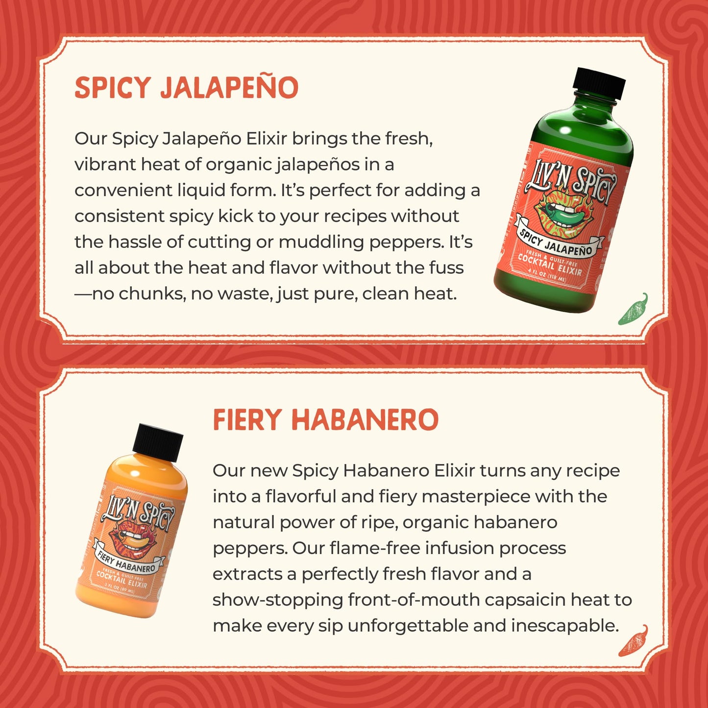 Liv’n Spicy Duo Pack | Spicy Jalapeño & Fiery Habanero Elixirs | Zero Calorie Cocktail Mixer Set | Vegan | Sugar-Free | Organic Infused Drink