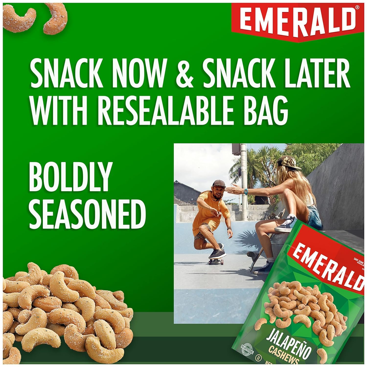 Emerald Nuts, Jalapeno Cashews, 5 Oz, Resealable Bag (Pack of 2)