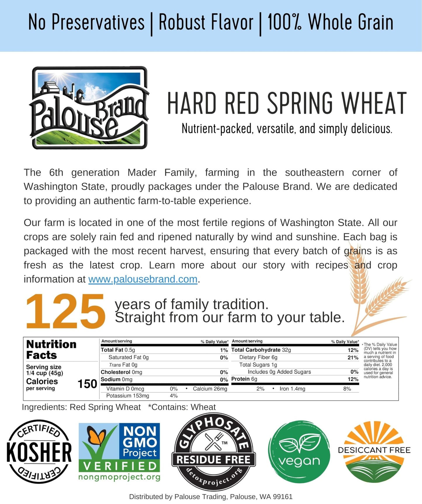 Palouse Brand Certified Glyphosate Residue Free Hard Red Spring Wheat Berries | 15 LBS | Family Farmed in Washington State | Sproutable | Non-GMO