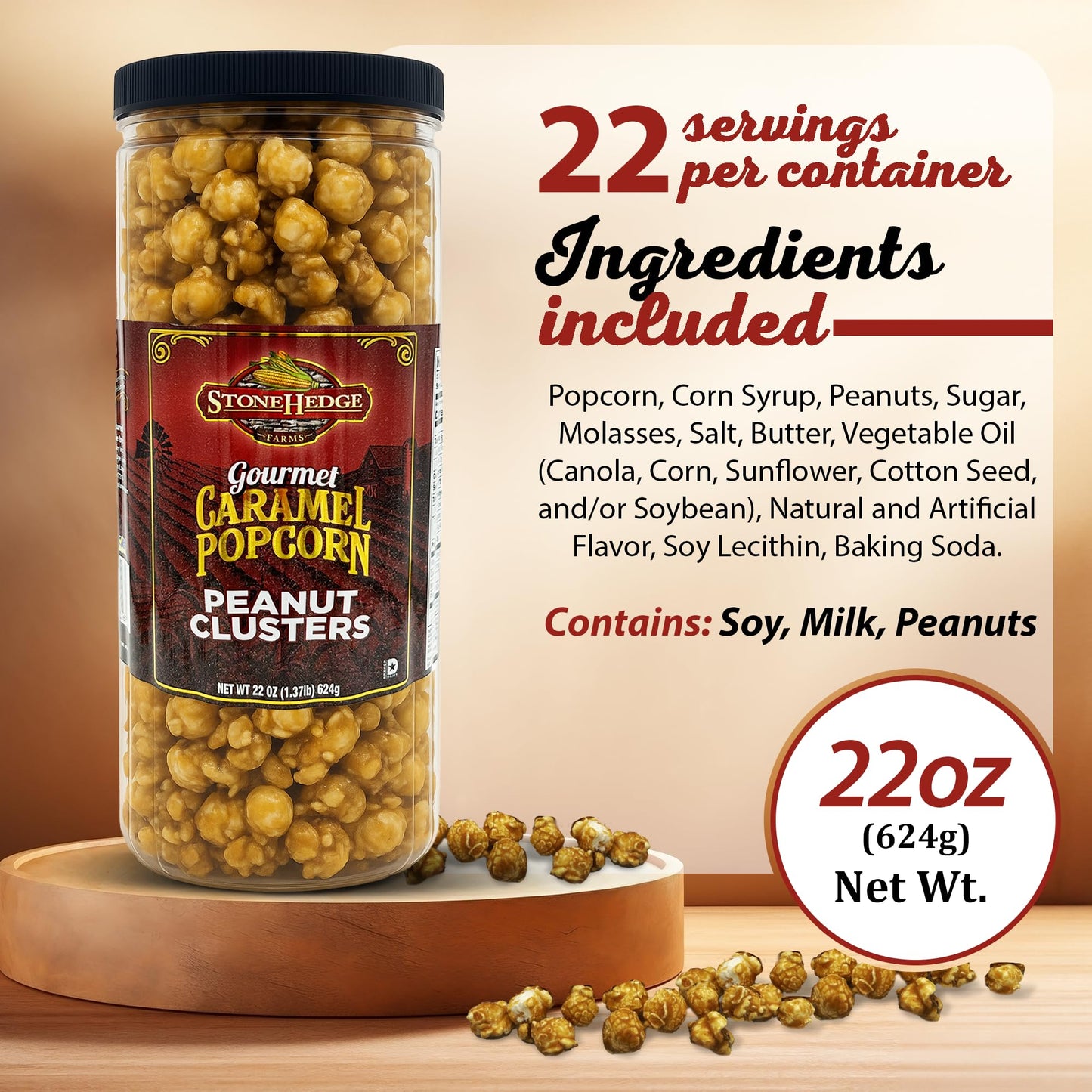 Stonehedge Farms Gourmet Peanut Caramel Popcorn Clusters | 20 oz Reclosable Container | Mix Of Carmel Pop Corn, Peanuts, and Butter Toffee | Holiday