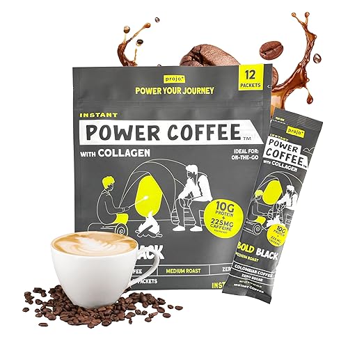 Projo* Power Coffee - Instant Coffee with 10g Protein - Grass-Fed Hydrolyzed Bovine Collagen & 225mg Caffeine - Organic, Unsweetened, Medium Roast