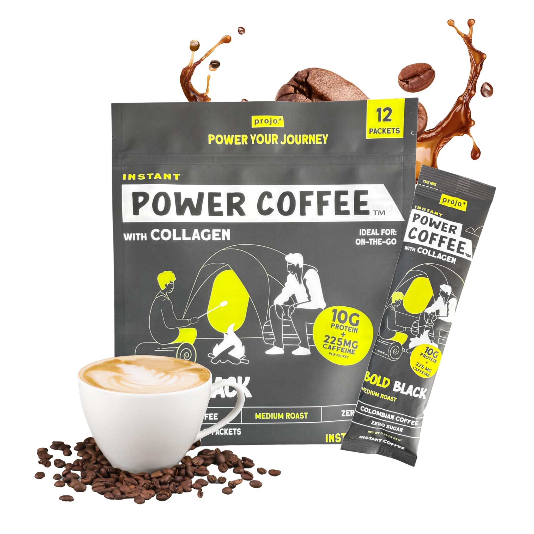 Projo* Power Coffee - Instant Coffee with 10g Protein - Grass-Fed Hydrolyzed Bovine Collagen & 225mg Caffeine - Organic, Unsweetened, Medium Roast