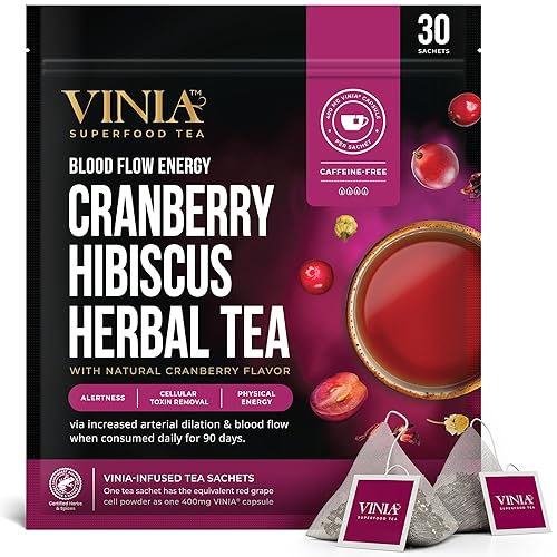 VINIA Cranberry Hibiscus Herbal Tea Bags, Made with Organic Herbal Tea, Infused with Piceid Resveratrol for Heart Health, Nitric Oxide, Physical