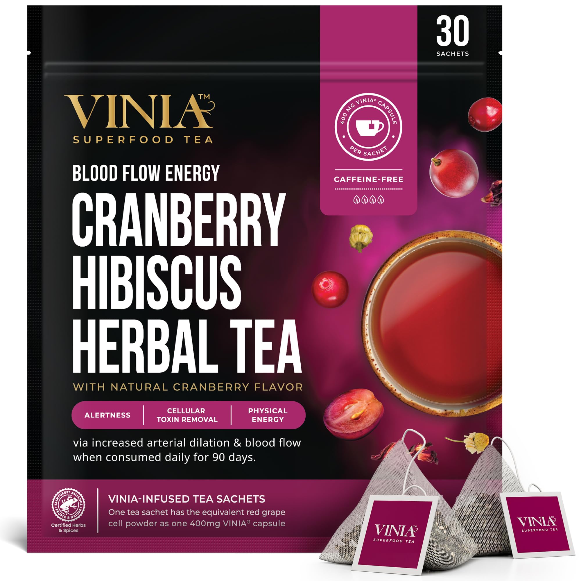 VINIA Cranberry Hibiscus Herbal Tea Bags, Made with Organic Herbal Tea, Infused with Piceid Resveratrol for Heart Health, Nitric Oxide, Physical