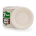 NexHex 7" Paper Plates [150-Pack] Brown Compostable Disposable Biodegradable Premium Natural Eco-Friendly Bagasse, Made of Sugar Cane Fibers