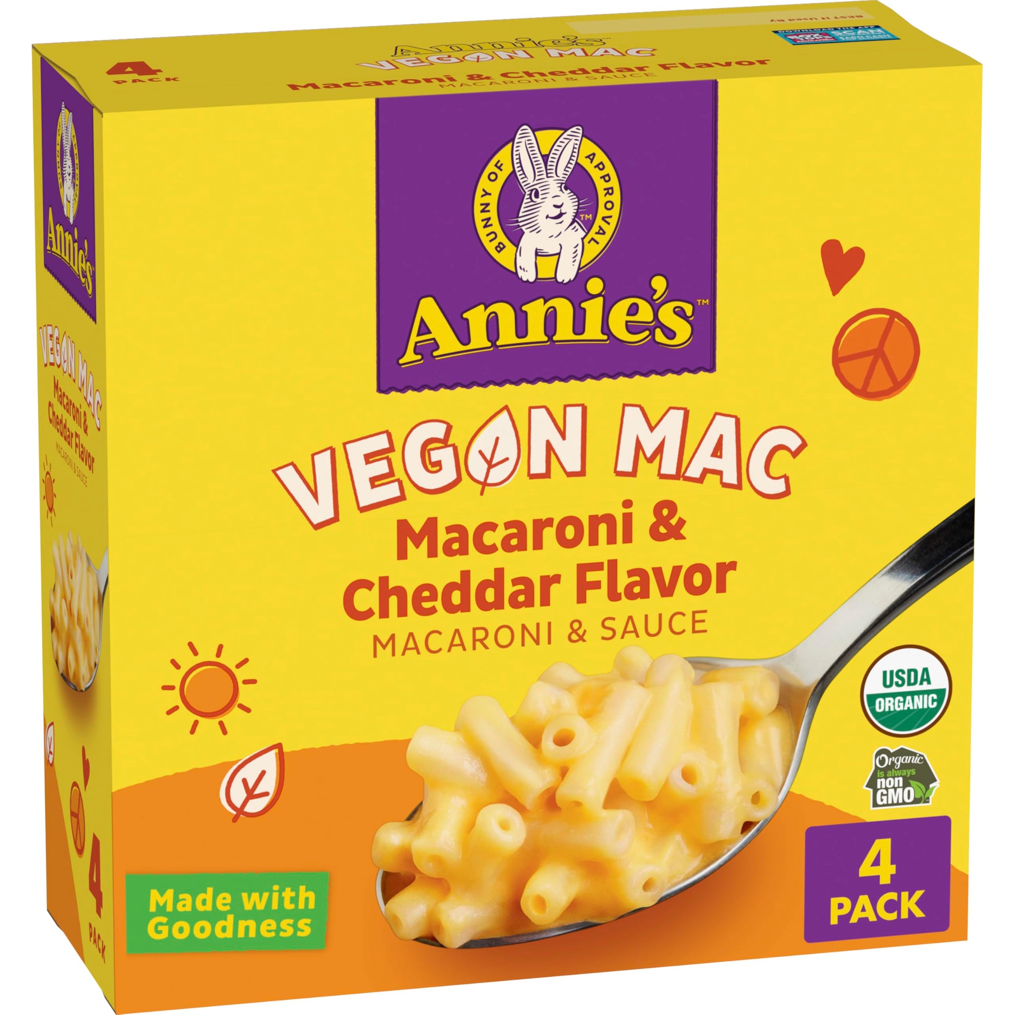Annie's Vegan Mac and Cheddar Flavor Sauce, Vegan Macaroni and Cheese Made with Organic Pasta, 4 Ct, 24 oz